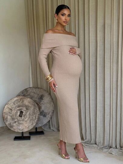 MaterniChic Elegant Chic Party Photoshoot Baby Shower Dress For Pregnant Women,Elegant Solid Color Cold Shoulder Knit Dress For Pregnant Women,Autumn Winter Beige