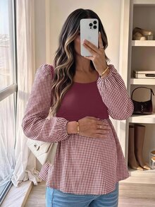 SHEIN Maternity Plaid Patchwork Casual Daily Wear Shirt - Red - View 1