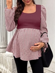 SHEIN Maternity Plaid Patchwork Casual Daily Wear Shirt - Red - View 6