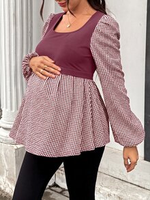 SHEIN Maternity Plaid Patchwork Casual Daily Wear Shirt - Red - View 5