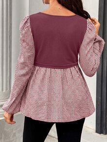 SHEIN Maternity Plaid Patchwork Casual Daily Wear Shirt - Red - View 2