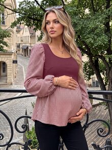 SHEIN Maternity Plaid Patchwork Casual Daily Wear Shirt - Red - View 9