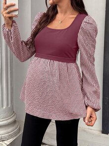 SHEIN Maternity Plaid Patchwork Casual Daily Wear Shirt - Red - View 7