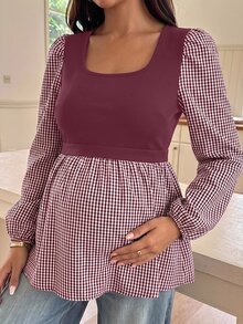SHEIN Maternity Plaid Patchwork Casual Daily Wear Shirt - Red - View 3