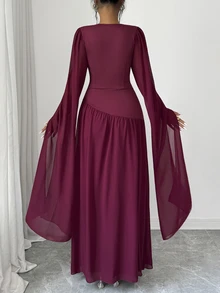 SHEIN Elenzya Round Neck Flutter Sleeve Chiffon Long Dress, Cinched Waist Asymmetrical Patchwork Full Skirt Flowy Muslim Evening Gown - Red - View 2
