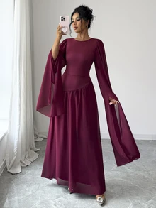 SHEIN Elenzya Round Neck Flutter Sleeve Chiffon Long Dress, Cinched Waist Asymmetrical Patchwork Full Skirt Flowy Muslim Evening Gown - Red - View 1