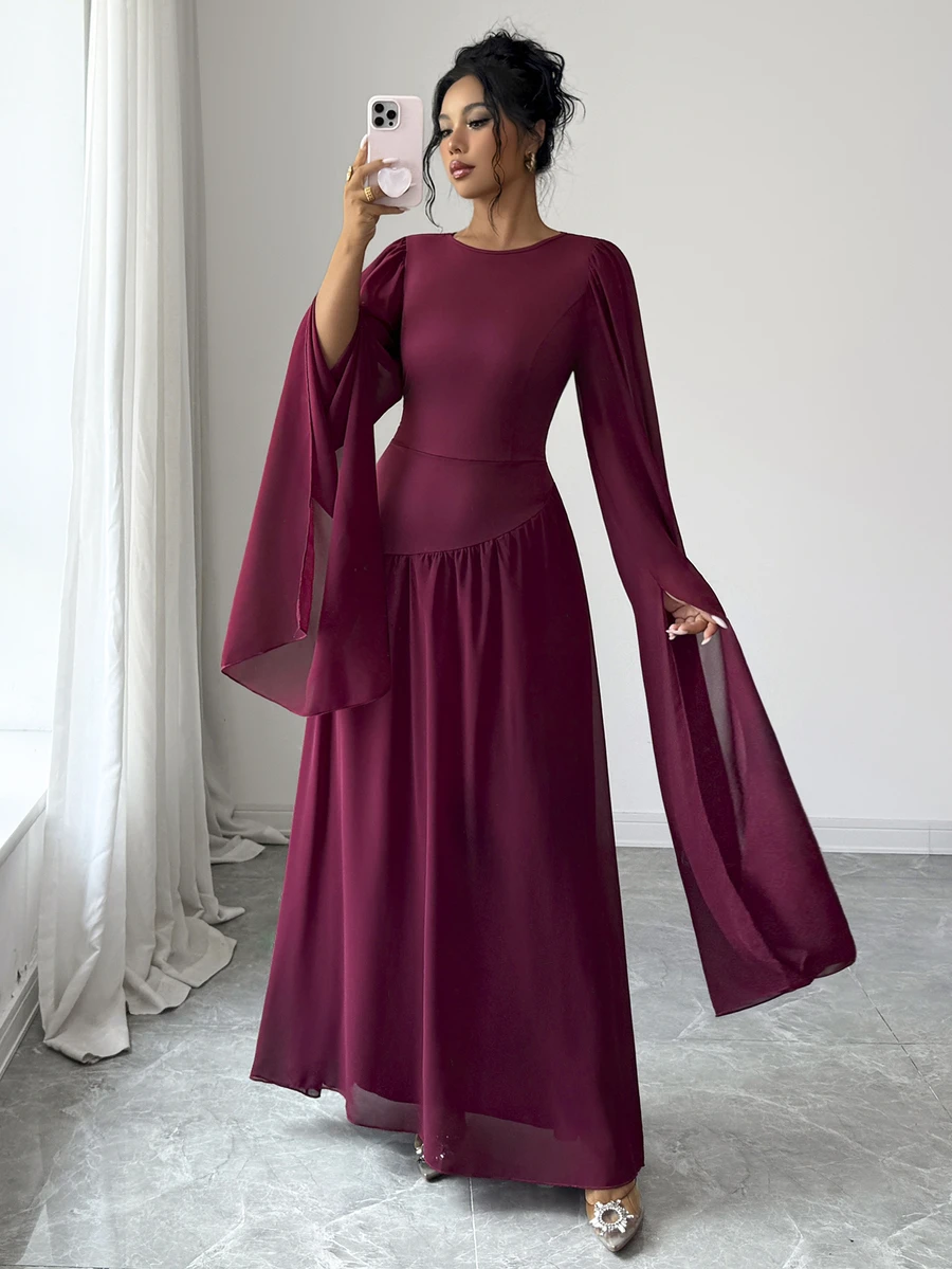 SHEIN Elenzya Round Neck Flutter Sleeve Chiffon Long Dress, Cinched Waist Asymmetrical Patchwork Full Skirt Flowy Muslim Evening Gown - Red - View 1