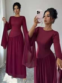 SHEIN Elenzya Round Neck Flutter Sleeve Chiffon Long Dress, Cinched Waist Asymmetrical Patchwork Full Skirt Flowy Muslim Evening Gown - Red - View 8