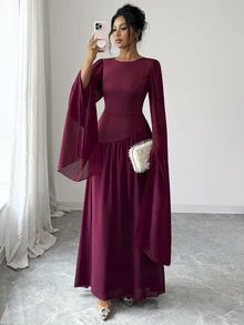 SHEIN Elenzya Round Neck Flutter Sleeve Chiffon Long Dress, Cinched Waist Asymmetrical Patchwork Full Skirt Flowy Muslim Evening Gown - Red - View 4