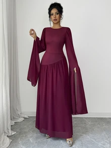 SHEIN Elenzya Round Neck Flutter Sleeve Chiffon Long Dress, Cinched Waist Asymmetrical Patchwork Full Skirt Flowy Muslim Evening Gown - Red - View 6