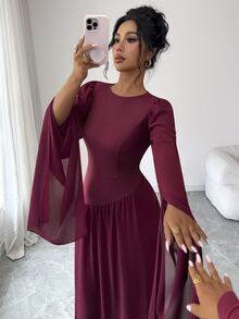 SHEIN Elenzya Round Neck Flutter Sleeve Chiffon Long Dress, Cinched Waist Asymmetrical Patchwork Full Skirt Flowy Muslim Evening Gown - Red - View 5