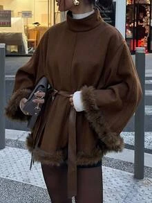 Aloruh Women's Autumn/Winter Deep Brown New Modern Minimalist Commuter Stand Collar Cape Waist-Cinching Striped Patchwork Overcoat - Brown - View 2