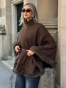 Aloruh Women's Autumn/Winter Deep Brown New Modern Minimalist Commuter Stand Collar Cape Waist-Cinching Striped Patchwork Overcoat - Brown - View 6