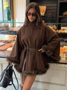 Aloruh Women's Autumn/Winter Deep Brown New Modern Minimalist Commuter Stand Collar Cape Waist-Cinching Striped Patchwork Overcoat - Brown - View 1