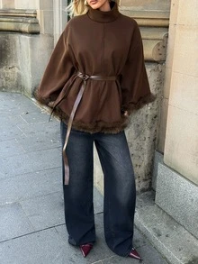 Aloruh Women's Autumn/Winter Deep Brown New Modern Minimalist Commuter Stand Collar Cape Waist-Cinching Striped Patchwork Overcoat - Brown - View 10
