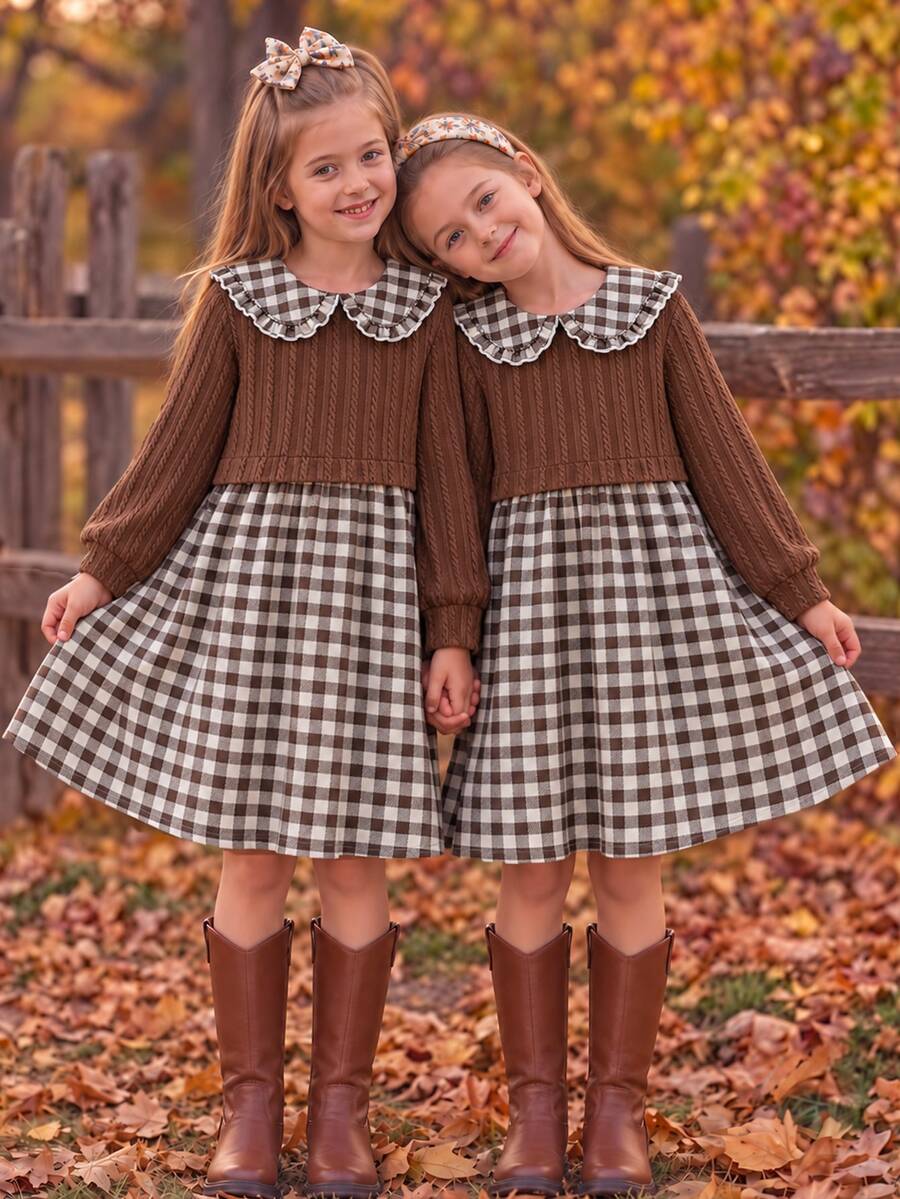 SHEIN Elladie kids Young Girl Knit Plaid Layered Dresses, Robe Elegant Chic, Boho, New Fall Styles, School, Vacation Khaki Patchwork Plaid Dress Robe Elegant Chic, Fall - Brown - View 1