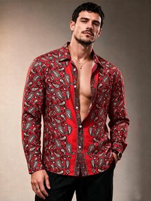ZURIURI Red Paisley Print Men's Long Sleeve Shirt, Turn-Down Collar Loose Fit, Vintage Vacation Style, Suitable For Spring/Summer Gatherings, Travel And Streetwear - Red - View 3