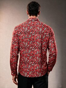 ZURIURI Red Paisley Print Men's Long Sleeve Shirt, Turn-Down Collar Loose Fit, Vintage Vacation Style, Suitable For Spring/Summer Gatherings, Travel And Streetwear - Red - View 2