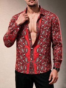 ZURIURI Red Paisley Print Men's Long Sleeve Shirt, Turn-Down Collar Loose Fit, Vintage Vacation Style, Suitable For Spring/Summer Gatherings, Travel And Streetwear - Red - View 6