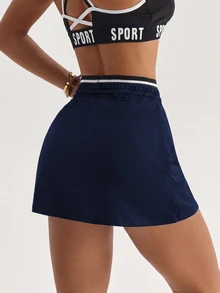 CourtClass CourtClass Women's Striped Contrast Color Drawstring Waist Sports Athleisure Modest Skort Gym Tennis Navy Blue Summer - Navy Blue - View 2