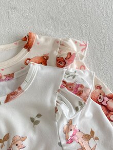 SHEIN Vintaside Kids 2 Pack 4pcs Baby Girl Top + Pants Set Cute Sweet Pink Cream Rabbit Bear Ruffle Bow Print Long Sleeve Round Neck Party Autumn Fall Holiday Lettuce Edge - Multicolor - View 6