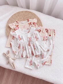 SHEIN Vintaside Kids 2 Pack 4pcs Baby Girl Top + Pants Set Cute Sweet Pink Cream Rabbit Bear Ruffle Bow Print Long Sleeve Round Neck Party Autumn Fall Holiday Lettuce Edge - Multicolor - View 4