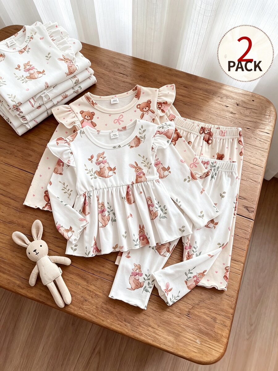 SHEIN Vintaside Kids 2 Pack 4pcs Baby Girl Top + Pants Set Cute Sweet Pink Cream Rabbit Bear Ruffle Bow Print Long Sleeve Round Neck Party Autumn Fall Holiday Lettuce Edge - Multicolor - View 1