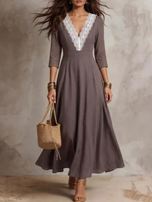 Breezaya Women's Knitted Lace Trim V-Neck Casual French Elegant Versatile Long Sleeve Long Dress For Autumn Vacation Brunch Mauve - Grey - View 6