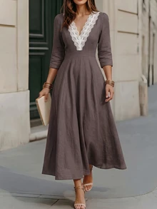Breezaya Women's Knitted Lace Trim V-Neck Casual French Elegant Versatile Long Sleeve Long Dress For Autumn Vacation Brunch Mauve - Grey - View 5