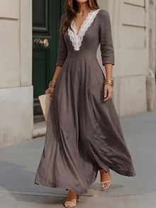 Breezaya Women's Knitted Lace Trim V-Neck Casual French Elegant Versatile Long Sleeve Long Dress For Autumn Vacation Brunch Mauve - Grey - View 3