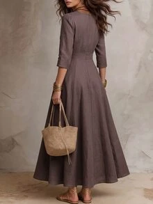 Breezaya Women's Knitted Lace Trim V-Neck Casual French Elegant Versatile Long Sleeve Long Dress For Autumn Vacation Brunch Mauve - Grey - View 2