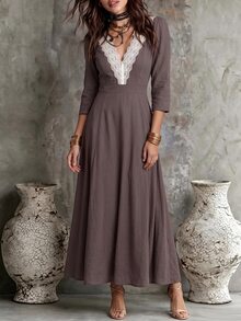 Breezaya Women's Knitted Lace Trim V-Neck Casual French Elegant Versatile Long Sleeve Long Dress For Autumn Vacation Brunch Mauve - Grey - View 4