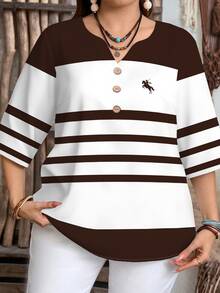 EMERY ROSE Casual Minimalist Plus Size Knight Graphic Short Sleeve Shirt, Suitable For Summer - Brown - View 3