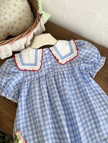 Elladie kids 女童休闲条纹方领喇叭裙，3D 花卉装饰，宽松 A 字裙，适合日常休闲、海滩、夏季 - 藍色 - 查看 11