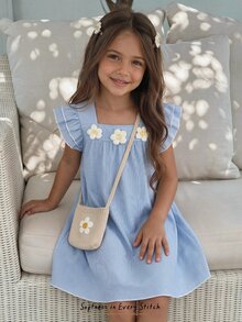 Elladie kids 女童休闲条纹方领喇叭裙，3D 花卉装饰，宽松 A 字裙，适合日常休闲、海滩、夏季 - 藍色 - 查看 4