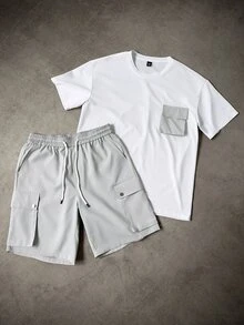 Manfinity Homme Men's Summer Casual Contrast Color Pocket T-Shirt And Cargo Shorts Set - White - View 4