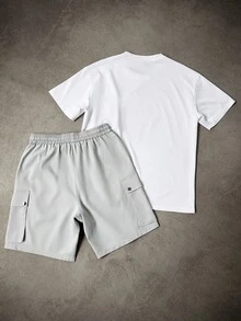 Manfinity Homme Men's Summer Casual Contrast Color Pocket T-Shirt And Cargo Shorts Set - White - View 2