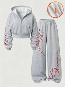 青少年女孩夾克套裝，灰色，夾克+長褲 2 件套，寬鬆版型，秋冬保暖，時尚百搭，休閒寬鬆，秋季，拉鍊 - 灰色 - 查看 6
