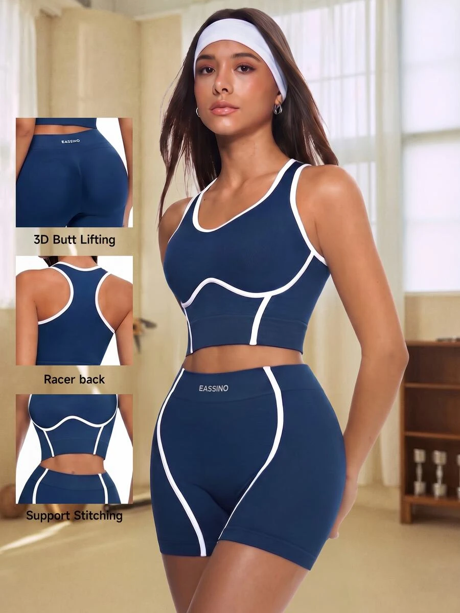 Eassivo Eassivo 女士无缝高弹撞色健美操瑜伽健身运动服套装 - 藏蓝色 - 查看 1