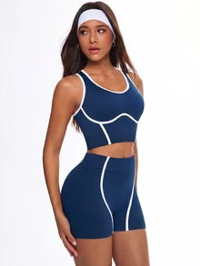 Eassivo Eassivo 女士无缝高弹撞色健美操瑜伽健身运动服套装 - 藏蓝色 - 查看 8