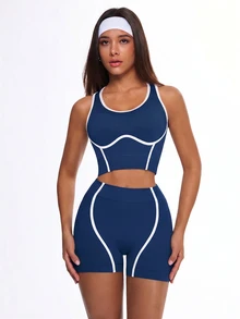 Eassivo Eassivo 女士无缝高弹撞色健美操瑜伽健身运动服套装 - 藏蓝色 - 查看 7