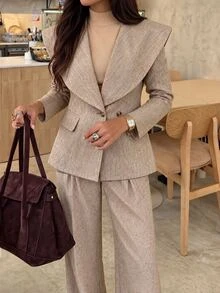 Aloruh Women's Fall Beige Textured Lapel Waist-Cinching Blazer + Striped Wide-Leg Long Pants Suit Set Office Business Work Casual - Brown - View 2