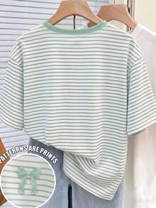 Kaos lengan pendek kerah bulat motif pita garis-garis hijau mint kasual, sederhana, dan retro untuk anak perempuan, cocok untuk dipakai sehari-hari di musim panas. - Mint Green - View 2