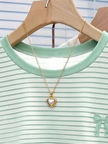 Kaos lengan pendek kerah bulat motif pita garis-garis hijau mint kasual, sederhana, dan retro untuk anak perempuan, cocok untuk dipakai sehari-hari di musim panas. - Mint Green - View 4