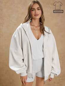 WESTFADE Fleece Oversized Zip Up Long Sleeve Hoodie, Casual, Back To School, Fall, Winter, Country Style, Cowgirl, Western, Autumn - Beige - View 1