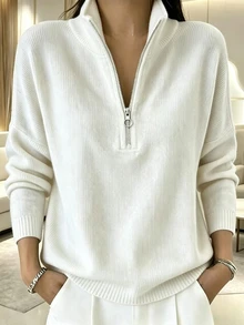 SHEIN Holidaya Women's Elegant Solid Color Stand Collar Half-Zip Front Casual Sweatshirt, Versatile For Daily Commute - White - View 1