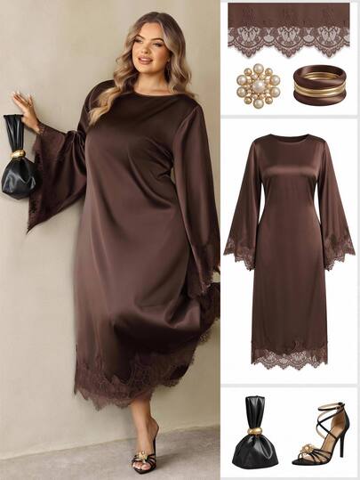 SHEIN CURVE+ Women's Plus Size Dress 22W Elegant Off Shoulder Waist Tie Satin Brown Dress, Romantic Lace Patchwork Hem Flare Skirt, Suitable For Super Plus Size 5XL Women, Autumn/Winter New Style
