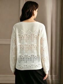 Anewsta Women's White Hollow Out Comfortable Versatile Knit Top For Vacation And Outings - Beige - View 3