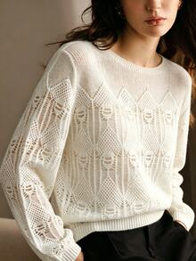 Anewsta Women's White Hollow Out Comfortable Versatile Knit Top For Vacation And Outings - Beige - View 8