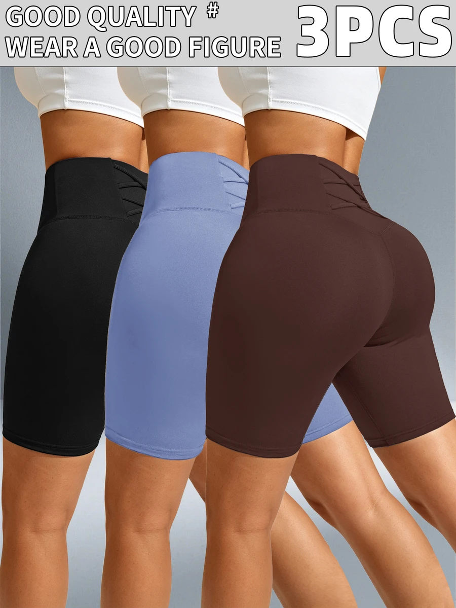 SHEIN Velisys 女款 3 件組交叉綁帶腰飾運動短褲 - 黑與白 - 查看 1